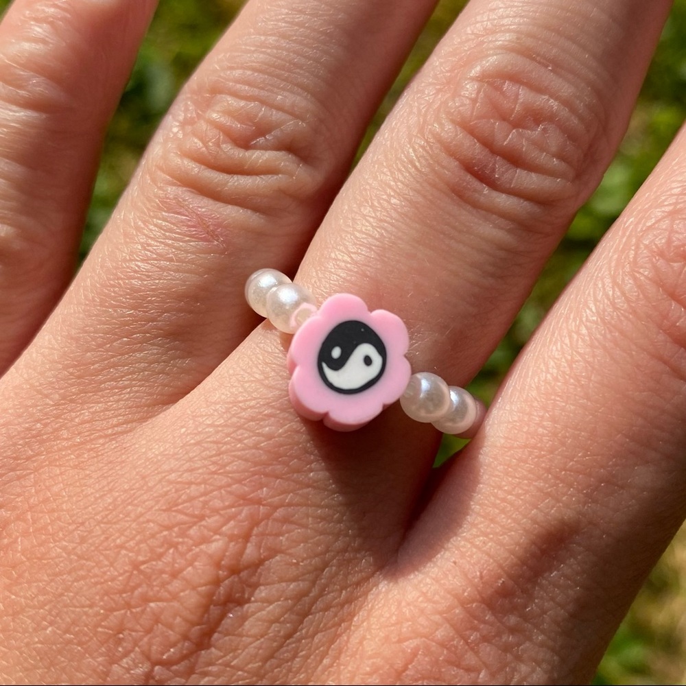 Yin Yang Pastel Pink Flower Handmade Jewelry Stretch Ring y2k 90s Aesthe…